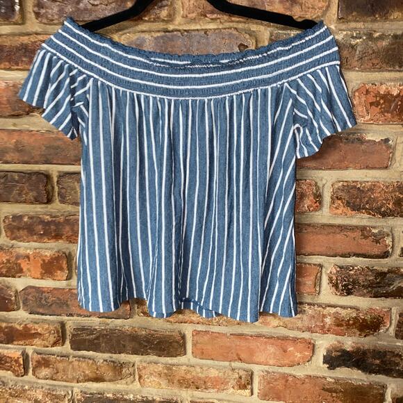 American Eagle Blue White Striped Linen Blend Off-The-Shoulder Smock Top Size XS - Picture 6 of 6